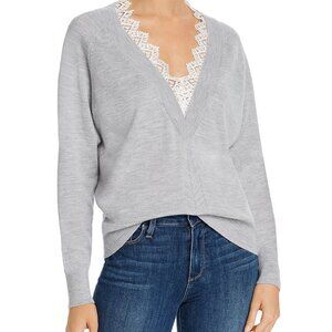 Rebecca Taylor Light Gray Lace Trimmed Merino Wool Sweater Size M